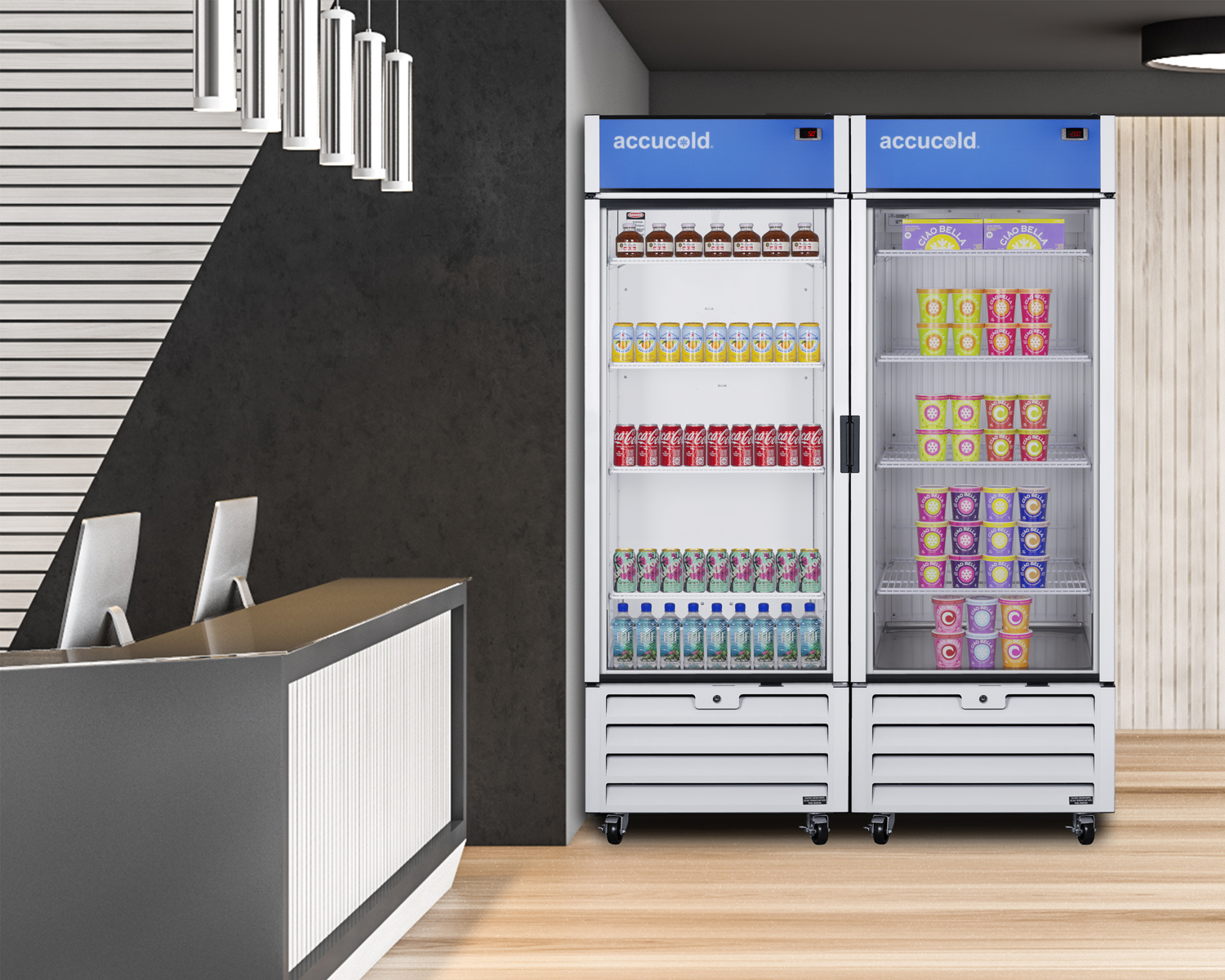 21.34 cu.ft. commercial beverage center with self-closing glass door, front lock, and white cabinet